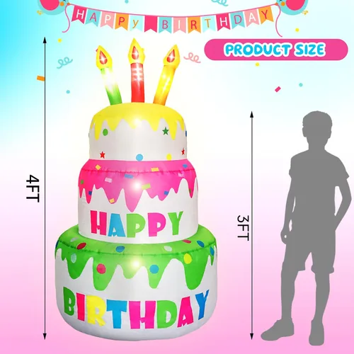 Miniatura 2 de Pastel inflable de cumpleaños de 4 pies de alto, regalo de cumpleaños novedoso, pastel de cumpleaños inflable con velas iluminadas, 6 luces LED