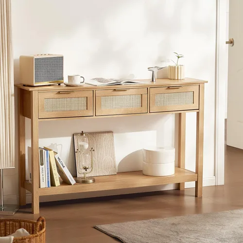 Miniatura 8 de Mesa consola de ratán VEVOR, mesa de entrada con 3 cajones de almacenamiento, mesa de pasillo con puerta corrediza de ratán natural, mesa consola