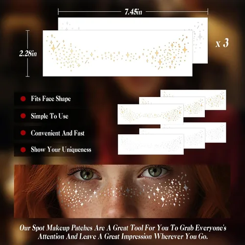 Miniatura 5 de Pecas con purpurina para tatuajes faciales, 6 hojas de parches de maquillaje facial con estrellas doradas y plateadas, pecas falsas lindas