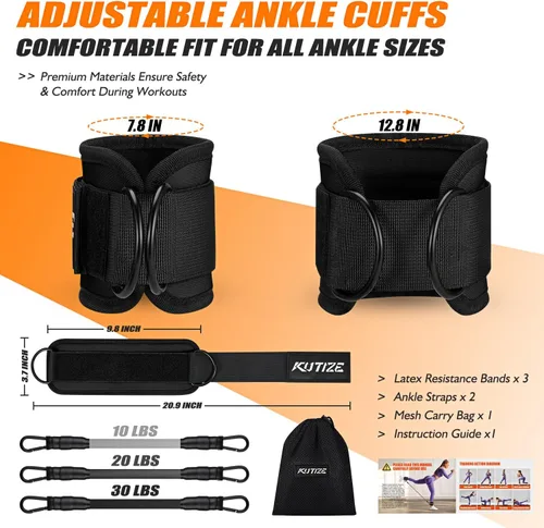 Miniatura 4 de KUTIZE - Bandas de resistencia de tobillo con puños para mujeres y hombres - Equipo de entrenamiento ajustable de 3 niveles para piernas y glúteos