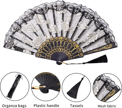 Miniatura 2 de Sepwedd 30 abanicos de mano plegables con diseño floral de rosa negra, ventilador plegable retro chino para novia, accesorios de baile de novia