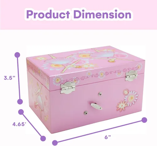 Miniatura 3 de Jewelkeeper Joyero musical de bailarina rosa para niña con cajón extraíble, estuche organizador de almacenamiento de joyas, melodía de lago cisne