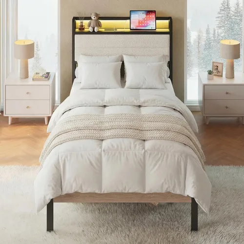 Miniatura 9 de LIKIMIO Base de cama individual con cabecera de almacenamiento y luces LED, plataforma de metal con estación de carga, sin ruido, no necesita