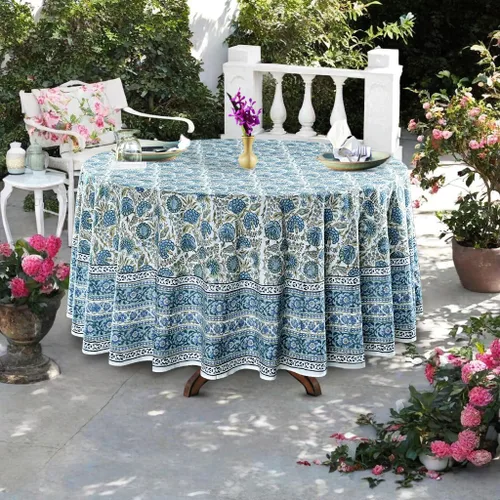 Miniatura 4 de Ridhi Mantel redondo de algodón reutilizable con estampado de bloque a mano, color verde espárragos, 60 pulgadas, mantel decorativo para uso diario