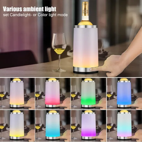 Miniatura 4 de Enfriador de vino con lámpara táctil RGB Cubo enfriador de botellas de vino Aislador de doble pared con 2 bolsas de hielo para champán de 25.4