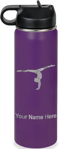 Miniatura 62 de LaserGram Botella de agua personalizada, gimnasta niña, acero inoxidable de doble pared aislada al vacío con popote superior, regalo grabado Azul