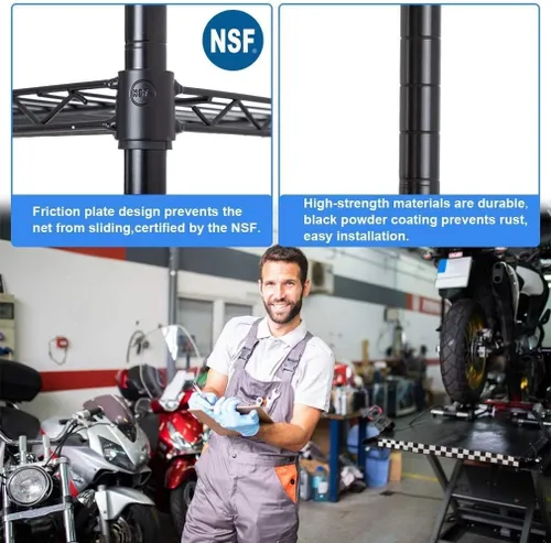 Miniatura 5 de Estantería de alambre negro de 5 estantes, organizador de estantes de metal NSF para garaje, estantes de almacenamiento grandes, altura ajustable