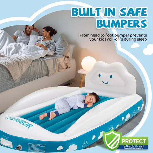 Miniatura 4 de CHERIMOR Cama inflable de viaje para niños pequeños, cama portátil para niños pequeños con parachoques de seguridad de 4 lados y bomba de inflado