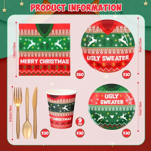 Miniatura 2 de Yaomiao Juego de 180 piezas de suministros de fiesta de suéter feo de Navidad, platos de papel desechables y servilletas, tazas para 30 decoración