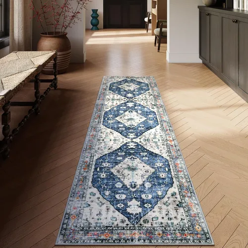 Lahome Alfombra Corredor Tribal Bohemia - 2x8 pies Azul Lavable Corredores para Pasillos Alfombra de Baño, Oriental Suave Antideslizante Pelo Bajo