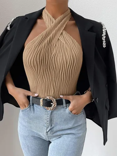 Miniatura 6 de Milumia Tops estilo halter sin mangas con textura cruzada y abertura cruzada para mujer