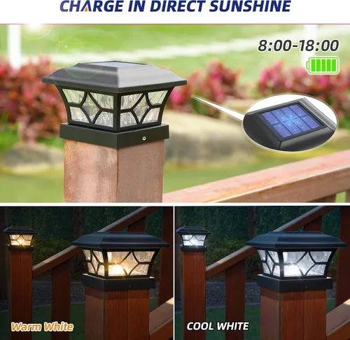 Miniatura 7 de APONUO Paquete de 8 Luces Solares para Postes con Batería de 1000mAh - para Cercas de 4x4 5x5 6x6, Tamaño Más Grande y Más Duraderas, 2 Modos, Negro