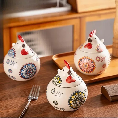Miniatura 7 de Bodega de sal de cerámica con tapa y cuchara Recipiente grande de sal de pollo de 13.5 onzas Recipientes de sal y pimienta para encimera Rojo