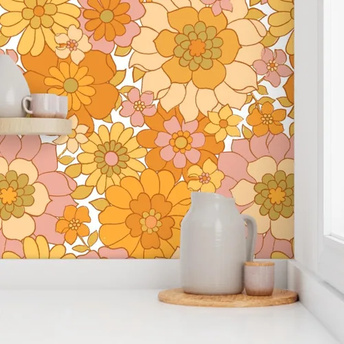 Miniatura 8 de Spoonflower Papel tapiz autoadhesivo de 12 x 2 pies, papel tapiz retro floral blanco vintage de los años 70 Flower Power extraíble