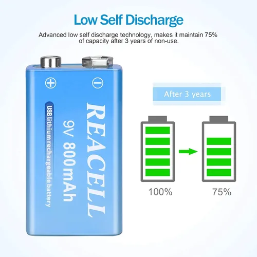 Miniatura 4 de Paquete de 2 baterías de litio recargables de 9 V, baterías de 9 voltios para detector de humo, carga USB de 800 mAh 9 V para micrófonos