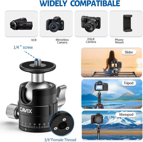Miniatura 6 de CAVIX MT-03 Cabezal de trípode panorámico para cámara, cabeza de bola pequeña con placa de liberación rápida Arca Swiss Capacidad de carga de nivel