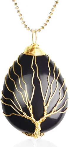 Collar con colgante de lágrima envuelto en alambre dorado, collares de piedra de cristal curativa del árbol de la vida, joyas de piedras preciosas