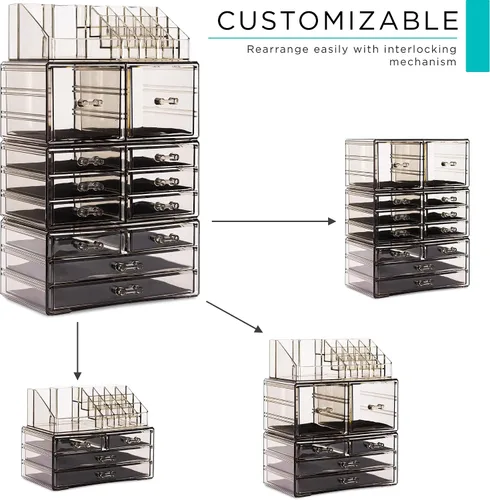 Miniatura 2 de Sorbus Organizador Grande de Maquillaje - Organizador Transparente y Apilable de Joyería y Maquillaje para Tocador, Almacenamiento de Baño, Cajonera