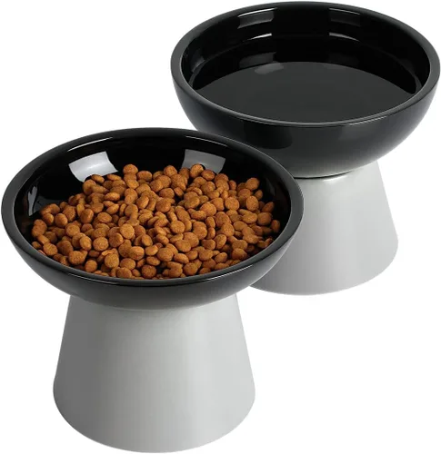 LoeJan Juego de cuencos elevados de comida y agua para gatos, comedero de cerámica extra ancho y elevado, cuenco de alimentación antivómito que no