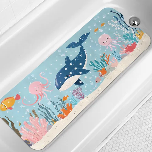 Miniatura 14 de LNOND Alfombra de baño para niños, tapete antideslizante de ballenas azules, con orificios de drenaje y ventosas, lavable a máquina