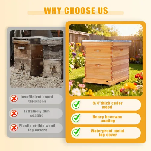 Miniatura 5 de POLLIBEE Las colmenas de abeja Langstroth con revestimiento de cera de abeja de 8 marcos incluyen 1 caja profunda y 1 caja mediana para abejas