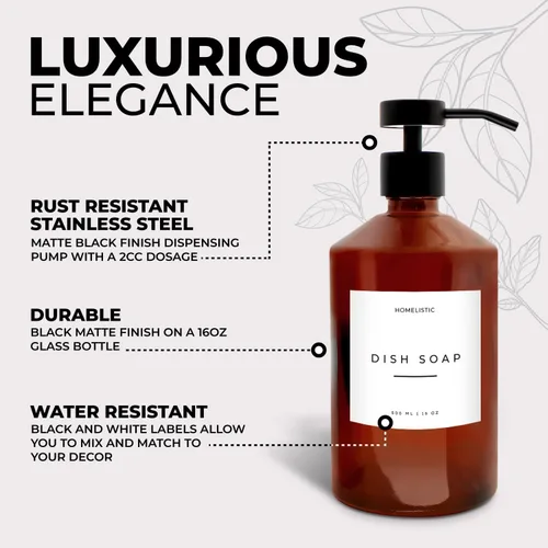 Miniatura 4 de Juego de 2 dispensadores de jabón de vidrio de lujo, elegantes botellas ámbar con bombas negras mate, ideal para cocina y baños, bomba de vidrio