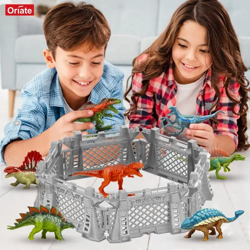 Miniatura 3 de Oriate 12 piezas Mini Figuras de Dinosaurios para Niños de 3-5 y 5-7 años, juego de captura y escape del mundo de los dinosaurios, incluye 6 vallas