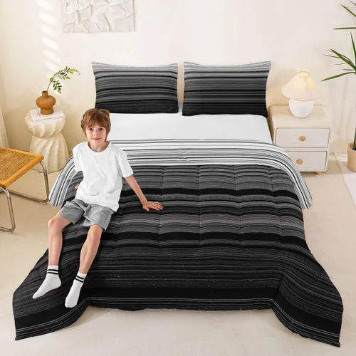 Miniatura 8 de jejeloiu Juego de edredón geométrico para niños, tamaño individual, diseño de rayas de color negro, blanco y gris, juego de ropa de cama decorativo