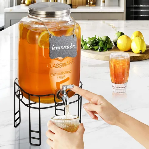 Miniatura 6 de Dispensadores de bebidas de 2 galones para fiestas, dispensadores de bebidas con soporte, dispensador de jarra de agua de vidrio, con grifo de acero