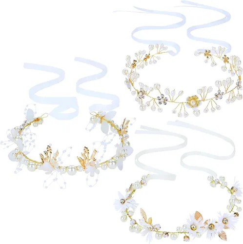 inSowni 3 diademas de flores para niña, perlas, diamantes de imitación, hojas, flores, coronas de novia, tiaras, coronas con cinta, tocados de vid