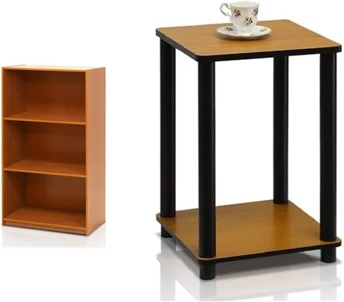 Furinno Estantería básica de almacenamiento de 3 niveles, color cereza claro y mesa auxiliar Turn-N-Tubo, 1 paquete, cereza claro/negro