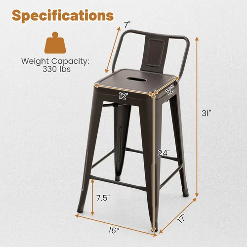 Miniatura 3 de COSTWAY Juego de 4 taburetes de bar de metal, con respaldo extraíble, taburetes de altura de mostrador de 24 pulgadas con patas de goma, sillas