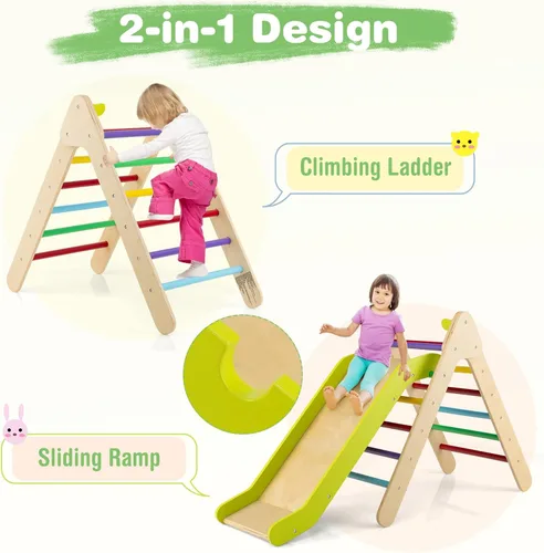 Miniatura 2 de HONEY JOY Escaladora triangular con rampa, escalera triangular para niños para guardería, gimnasio y parque infantil, juguetes de escalada Colorido