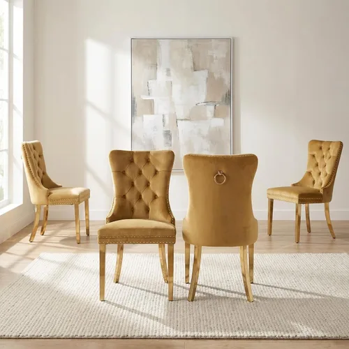 Miniatura 70 de OVENTA Juego de 4 sillas de comedor modernas tapizadas copetudas, terciopelo negro y gris y cuero con patas de madera maciza, sillas de cocina