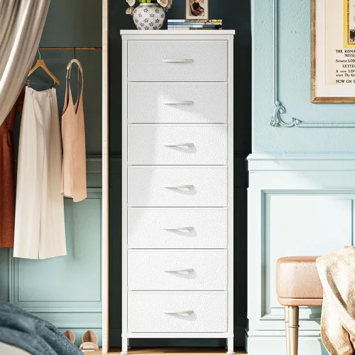 Miniatura 11 de Huuger Cómoda alta para dormitorio, cómoda estable de 7 cajones con dispositivo antipunta, cajones de piel sintética y tela, mesita de noche alta