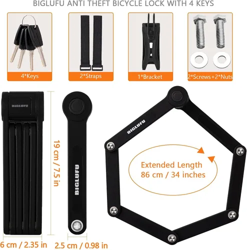 Miniatura 6 de Candado de bicicleta para bicicleta, scooter y motocicleta, con 4 llaves, cadena plegable, de acero aleado, con soporte de montaje, 2 correas, 34