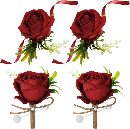 Miniatura 9 de Aoriher Juego de 4 ramilletes y boutonniere para fiesta de boda, 2 pulseras de ramillete de rosas para baile de graduación, dama de honor, Azul