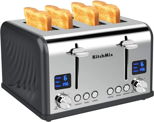 Miniatura 10 de Tostadora de 4 rebanadas, tostador de panecillos de acero inoxidable KitchMix con temporizador LCD, ranuras extra anchas, pantalla dual, bandeja