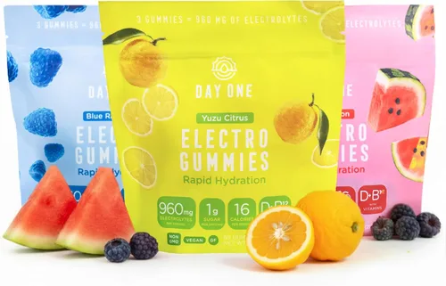 Miniatura 9 de Day One Electrogummies - 60 gomitas de electrolitos con sabor a frambuesa azul para hidratación y recuperación, repletas de electrolitos esenciales