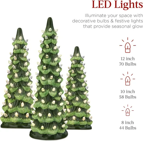 Miniatura 3 de Best Choice Products - Juego de 3 árboles de Navidad de cerámica, decoración de mesa preiluminada y pintada a mano con bombillas LED de luz blanca