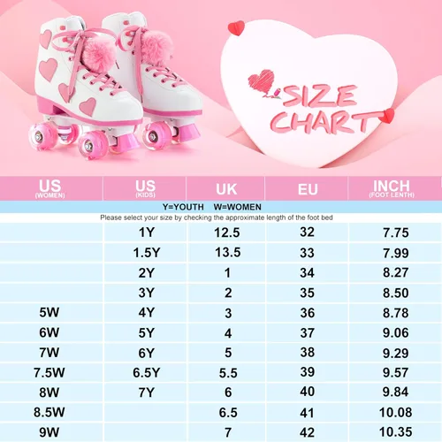 Miniatura 4 de Ruthfot Patines clásicos para mujeres y niñas con ruedas iluminadas y patrón de corazón de amor, patines de cuero PU de caña alta.. Blanco
