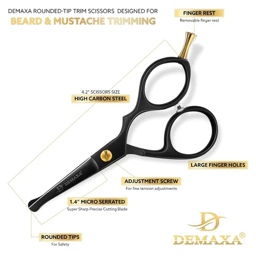 Miniatura 3 de Tijeras profesionales para bigote de punta roma 4.2 prémium para hombres con pinzas inclinadas, 1 peine para bigote, 1 peine y bolsa para barba