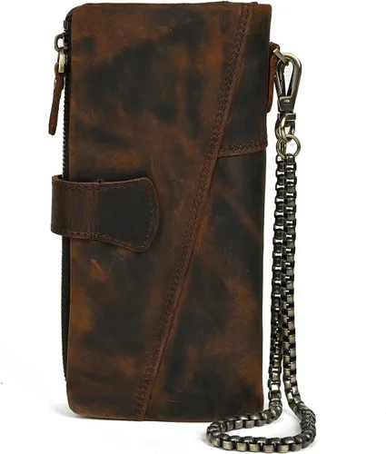 Miniatura 16 de Genuino Caballo Loco Cuero Regalo de Viaje Moneda Bolsillo Tarjetero Organizador Largo Cadena Rfid Cartera Monedero Con Broche Para Hombres Hombres