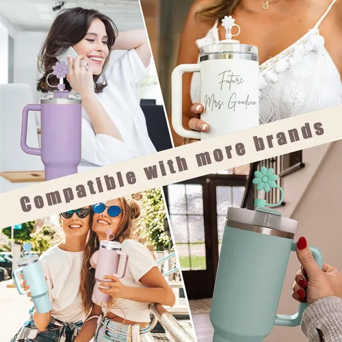 Miniatura 7 de Cubiertas de pajita con flores para tazas Stanley de 30 y 40 oz, accesorios para termos de silicona, tapas de pajita rosa y morada a prueba