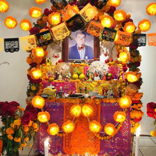 Riceshoot 21 piezas de decoración de Día de los Muertos, kit de altar del Día de los Muertos, paquete de 3 guirnaldas de caléndula artificial