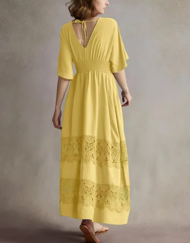 Miniatura 51 de Vestido largo de encaje para mujer de manga corta y cuello en V, vestido de fiesta estilo bohemio con cintura fruncida, vestido bohemio para mujer