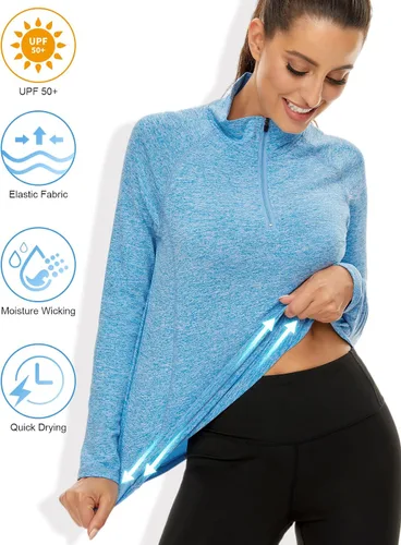 Miniatura 4 de LURANEE Sudadera de manga larga con cremallera de 14 para mujer, UPF 50+, para senderismo, correr, entrenamiento