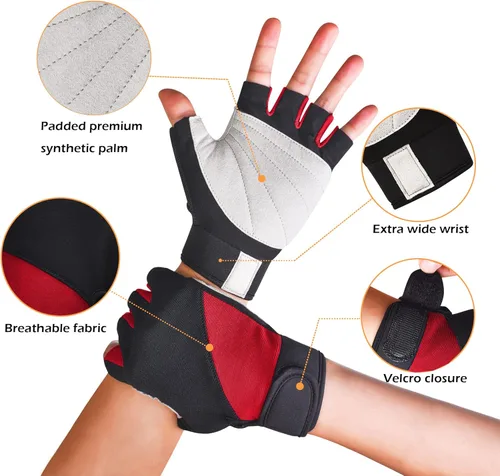 Miniatura 2 de ChinFun Guantes de vela unisex acolchados con palma sin dedos, guantes de kayak, perfectos para remo, canoa para hombres, mujeres y jóvenes A-red &