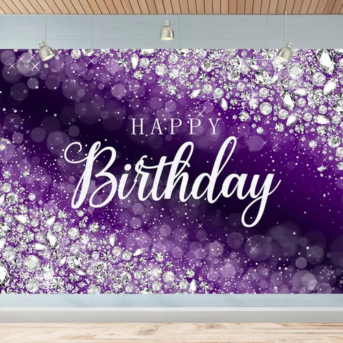 Miniatura 8 de Cartel de feliz cumpleaños morado para mujer, decoración de fondo de 5.9 x 3.6 pies con diamantes plateados brillantes, pancarta de feliz