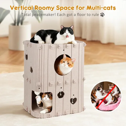 Miniatura 2 de Casa para gatos de interior – Cueva cerrada de 2 pisos para gatos múltiples y grandes, cubierta de fieltro para mascotas, túnel de condominio, cubo